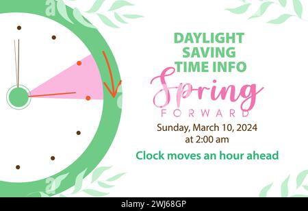 Die Sommerzeit beginnt mit dem Infobanner. Vektordarstellung der Uhr und des Zeitplans mit Kalenderdatum der Zeitänderung im 10. märz 2024. Frühling Forwa Stockfoto