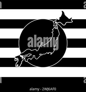 Schwarze japan-Silhouette oder flache Landkarte mit Streifen-Logo-Flagge für japaner mit Nationalsymbol und Nation-Form Land als patriotisch bis strukturiert Stock Vektor