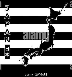 Schwarze japan-Silhouette oder flache Landkarte mit gestreifter Logo-Flagge für Text mit japanischer Ikone und Nationalform Nation als Land bis patriotisch Stock Vektor