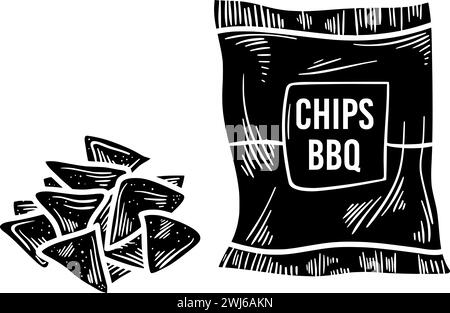 Schwarze Kartoffelsilhouette oder flache Tortilla Illustration von BBQ Logo Snack für Speisen mit Chip-Symbol und knuspriger Form Essen als knusprig bis Mais Stock Vektor