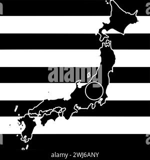 Schwarze japan-Silhouette oder flache Landkarte mit Streifen-Logo-Flagge für japaner mit Nationalsymbol und Nation-Form Land als patriotisch bis strukturiert Stock Vektor