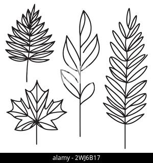 Eine minimalistische botanische Illustration mit Blättern: Ahorn, Palme und Laubbaum. Die klaren Linien und das schlichte Design schaffen eine moderne und elegante Toilette Stock Vektor