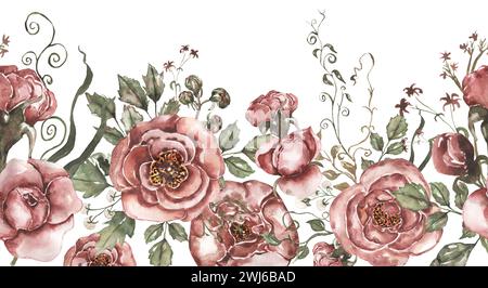 Aquarell rote Pfingstrose Blumen, Blätter und goldene nahtlose Rand Illustration Stockfoto