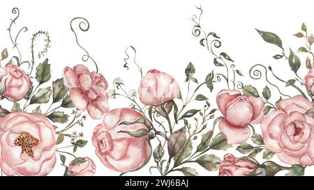 Aquarellfarben rosa Pfingstrosen Blumen, Blätter und goldene nahtlose Rand Illustration Stockfoto