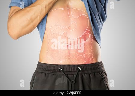 Die Darstellung der inneren Organe ist auf dem menschlichen Körper. Mann mit viszeraler Entzündung Stockfoto