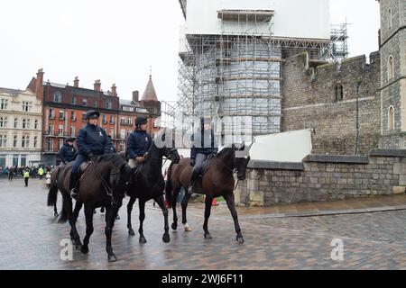 Windsor, Berkshire, Großbritannien. Februar 2024. Pferde, die dem König und der Königin gehören, kehren nach Windsor Castle zurück, um an einem regnerischen Morgen Credit: Maureen McLean/Alamy Live News Stockfoto