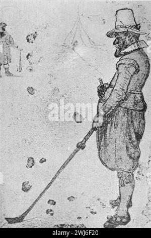 Ein Golfer aus dem 16. Jahrhundert nach einer Zeichnung von Hendrick Avercamp. Black and White Illustration from the Connoisseur, an Illustrated Magazine for Collectors Vol 3 (Mai-August 1902), veröffentlicht in London. Stockfoto