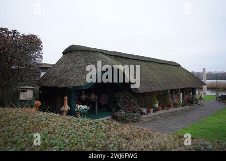 Gothmund, Deutschland. November 2023. Blick auf ein Reetdachhaus im Fischerdorf Gothmund an der Trave. Quelle: Marcus Brandt/dpa/Alamy Live News Stockfoto