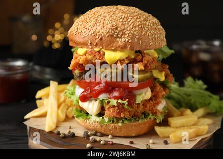 Leckerer Burger mit knusprigem Hähnchenpastete und Pommes Frites auf dem Tisch, Nahaufnahme Stockfoto