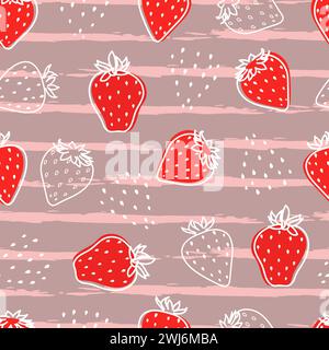 Nahtloses Vektor-Muster mit handgezeichneten Erdbeeren und Streifen. Gestreiftes, wiederholtes Muster, Textil-Design, Tapete, Hintergrund. Stock Vektor