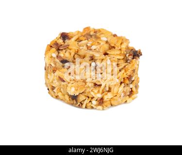 Müslikekse mit Müsli, Hafer, Obst, Honig isoliert auf weißem Hintergrund Stockfoto