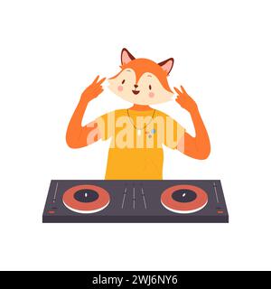 Comic lustiger dj Fuchs, der am Plattenspieler steht und elektronische Disco in einem Nachtclub spielt, isoliert auf weiß Stock Vektor
