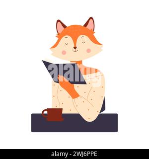 Comic lustiger Fuchsbuchliebhaber, der Geschichten aus Büchern oder Buchhandlungen liest, lustige Geschichten isoliert auf weiß Stock Vektor