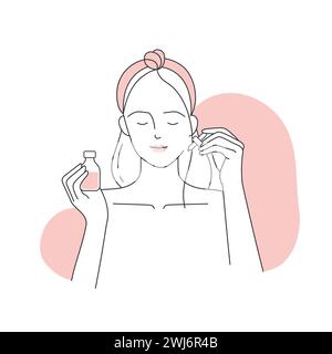 Frau mit Gesichtsserum. Gesichtsbehandlungskosmetikprodukt, Schönheitspflege Linie Vektor-Illustration Stock Vektor