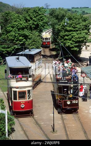 Großbritannien, Derbyshire, Peak District, Crich, alte Straßenbahnen, nationales Straßenbahnmuseum. Stockfoto