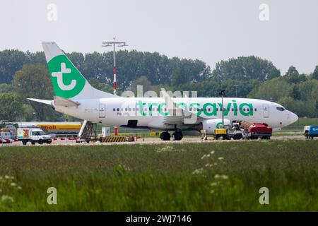 Boeing 737-800 am Vorfeld des Flughafens Rotterdam, der von Transavia in den Niederlanden betrieben wird Stockfoto