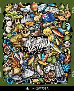 Australische Karikatur-Doodle-Illustration. Lustiges australisches Design. Kreativer Vektorhintergrund mit Elementen und Objekten aus dem Ozeanien-Land. Bunte Komposition Stock Vektor