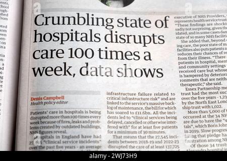 „Crumbling State of Hospitals stört die Versorgung 200 Mal pro Woche, Daten zeigen“ Guardian Zeitung Schlagzeile NHS Hospital artikel 27 Januar 2024 London Großbritannien Stockfoto