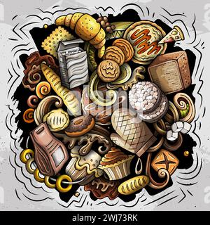 Cartoon Vector Bakery Doodle Illustration zeigt eine Vielzahl von Bäckereiobjekten und Symbolen. Leuchtende Farben skurriles lustiges Bild. Stock Vektor