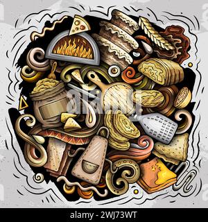 Cartoon Vector Bakery Doodle Illustration zeigt eine Vielzahl von Bäckereiobjekten und Symbolen. Leuchtende Farben skurriles lustiges Bild. Stock Vektor