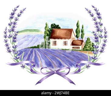 Lavendelviolette Felder. Provenzalische Sommerlandschaft in rundem zartem Rahmen aus lila Lavendelblüten mit Schleife und Bändern. Isolierte handgezeichnete templ Stockfoto