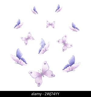 Die Aquarellzusammensetzung fliegender Schmetterlinge zarte Violettfarbe. Isolierte handgezeichnete Illustration Frühling exotisches wildes Insekt. Vorlagenzeichnung für p Stockfoto