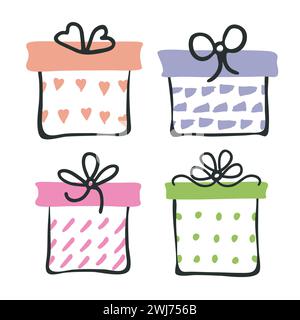 Geschenkbox, niedliches dekoratives farbiges Set. Handgezeichnete Doodle-Linie, Tintenflecken Pinselstrich, flaches Design im Cartoon-Stil. Vektor Stock Vektor