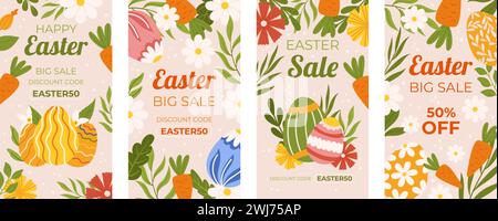 Sammlung für die Osteraktion mit vertikalen Social-Media-Vorlagen. Design mit Karotten und Blumen, bemalten Eiern. Handgezeichnetes Frühjahrs-Set. Stock Vektor