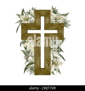 Hölzernes christliches Kreuz mit Lilien. Aquarell Clipart. Einfacher Minimalismus. Das handgemalte katholische oder orthodoxe Symbol für die erste Gemeinschaft, Taufe Stockfoto