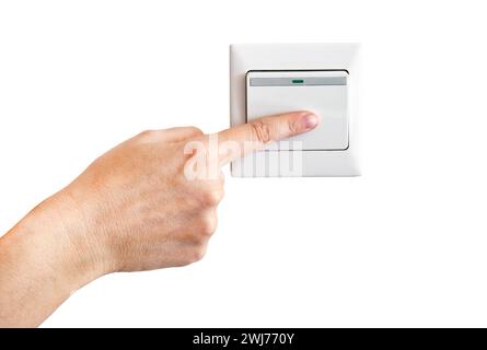 Hand mit Finger auf Lichtschalter isoliert auf weißem Hintergrund Stockfoto