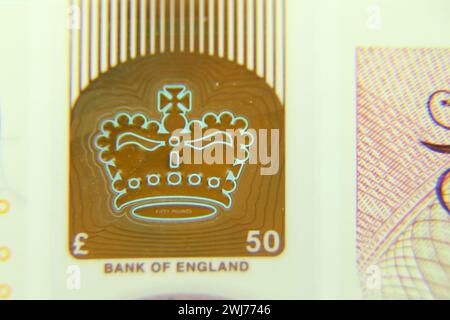Makrobild einer 50-Pfund-Sterling-Banknote für Designzwecke Nahaufnahme mit selektivem Fokus Stockfoto