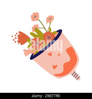 Menstruationstasse mit Blumen und Blättern. Öko-Schutz für Frauen in kritischen Tagen. Organisch wiederverwendbares Konzept von Hygieneprodukten für Frauen. Symbol für weibliche Menstruationsbecher. Stock Vektor