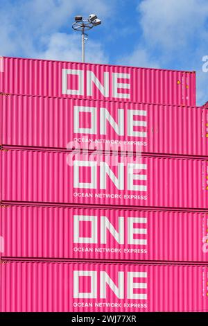 MAASVLAKTE, ROTTERDAM, NIEDERLANDE - 17. MÄRZ 2019: Auffällige rosa Versandcontainer der Firma Ocean Network Express (ONE) gestapelt bei A Stockfoto