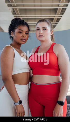 Porträt von zwei Frauen in Fitnesskleidung mit verschiedenen Farben, die im Freien in die Kamera schauen Stockfoto