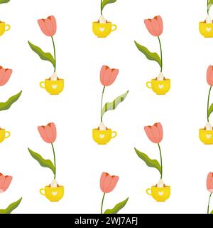 Nahtlose Blumen FrühlingsTulpe Blumen in Tasse. Für Ihr Design, Geschenkpapier, Stoff. Stock Vektor