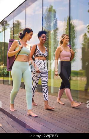 Drei Reife Weibliche Freunde Im Freien In Fitnesskleidung Mit Trainingsmatten Im Fitnessstudio Oder Yoga-Kurs Stockfoto