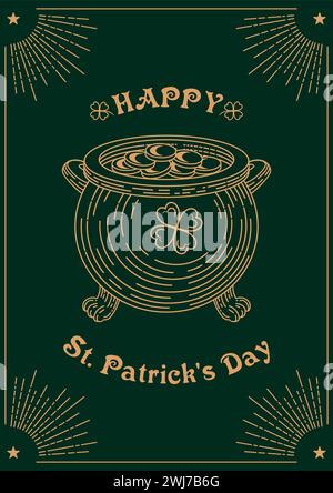 Happy St. „Patricks Day“-Banner. Vierblättriges Kleeblatt, viel Glück. Leprechauns-Goldkessel. Vintage-Schriftzug, Retro-Illustration. Magie, religiöse Tradition Stock Vektor