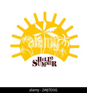 Logo Sonne und Palmen. Hallo Sommer. Handzeichnung. Nicht AI. Vektorabbildung Stock Vektor