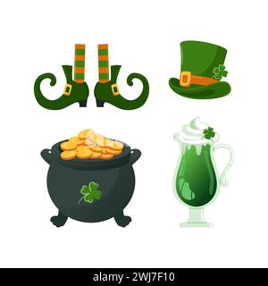 Satz von St. Patricks Day-Symbole. Leprechaun-Hut, goldener Kessel, Vintage-Schuhe mit Schnallen, Füße in gestreiften Strümpfen. Grünes Bier. Vierblättrige Nelke Stock Vektor