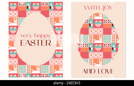 Frohe Ostern mit Freude und Liebe geometrisches quadratisches, helles, flaches Grußkartenset. Ostereier, Kaninchen, Korb, Eierjagd. Vektor Illustration EPS 10 Stock Vektor