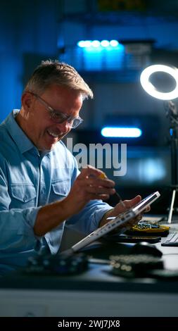 Ausgereifter Elektronikexperte, Der Laptop In Der Werkstatt Mit Niedriger Tastenbeleuchtung Repariert Stockfoto