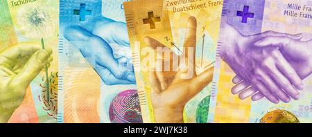 Schweizer Geld, Panorama von Schweizer Banknoten, Bank- und Finanzkonzept, Schweizer Franken Wechselkurs, Finanzbanner, Nahaufnahme Stockfoto