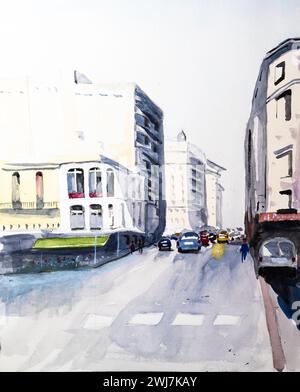 Aquarellfarben im urbanen Stil mit Gebäuden, Straßen und Autos Stockfoto