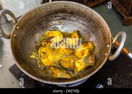 Frischer Fisch, der zu Hause im Kessel aus verschiedenen Blickwinkeln gebraten wird Stockfoto