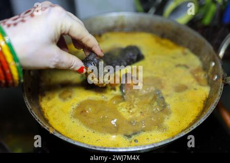 Frisch gekochte, kochende Fischsoße im Kessel zu Hause am Tag Stockfoto