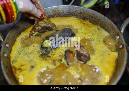 Frisch gekochte, kochende Fischsoße im Kessel zu Hause am Tag Stockfoto