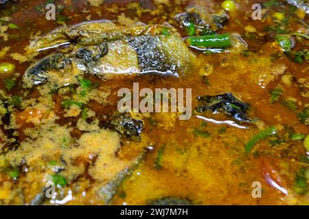 Frisch gekochte, kochende Fischsoße im Kessel zu Hause am Tag Stockfoto