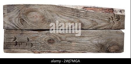 Die Textur zweier in weiß isolierter Holzplatten. Stockfoto
