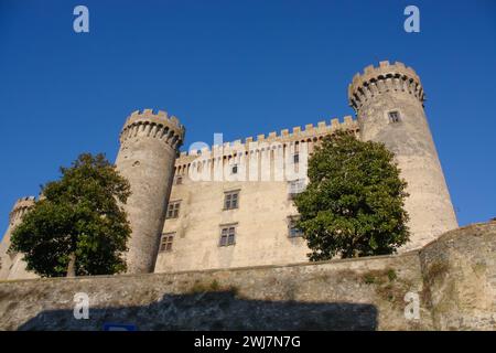 Das majestätische Castello di Bracciano mit seinen hoch aufragenden Steinmauern und Zinnen steht unter einem ruhigen blauen Himmel; ein einsamer Baum ziert seine Basis. Stockfoto