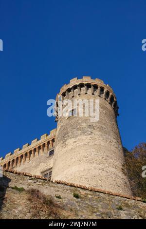 Der majestätische Turm von Castello di Bracciano mit seinen Steinmauern und Zinnen steht unter einem ruhigen blauen Himmel; ein einsamer Baum ziert seine Basis Stockfoto